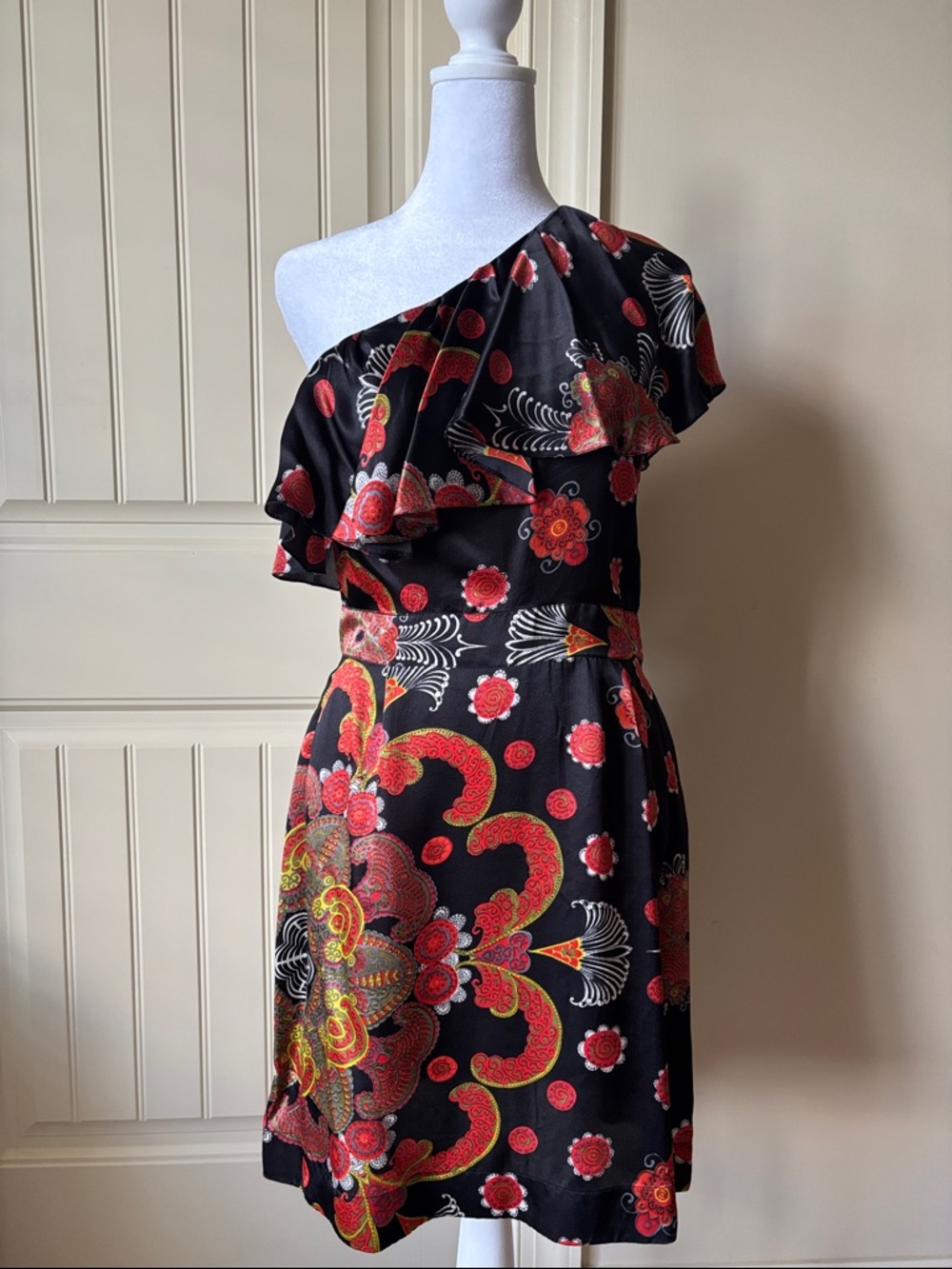 French Connection Black One-Shoulder Multi Print Silk Dress